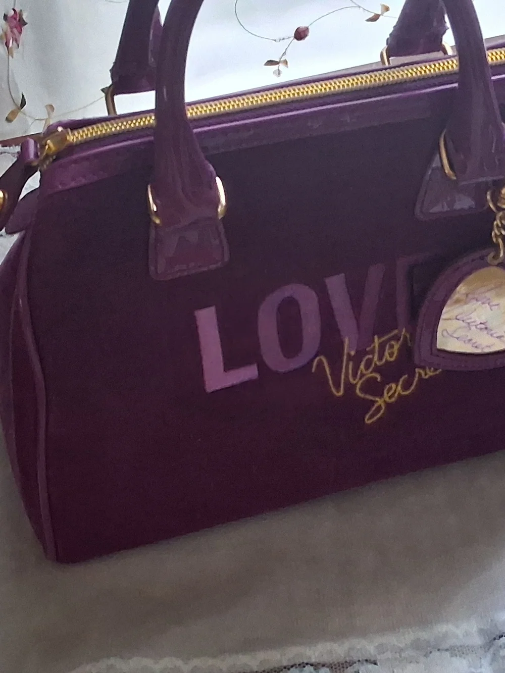 Victoria's Secret Purple Velvet Satchel with Glossy Handles
